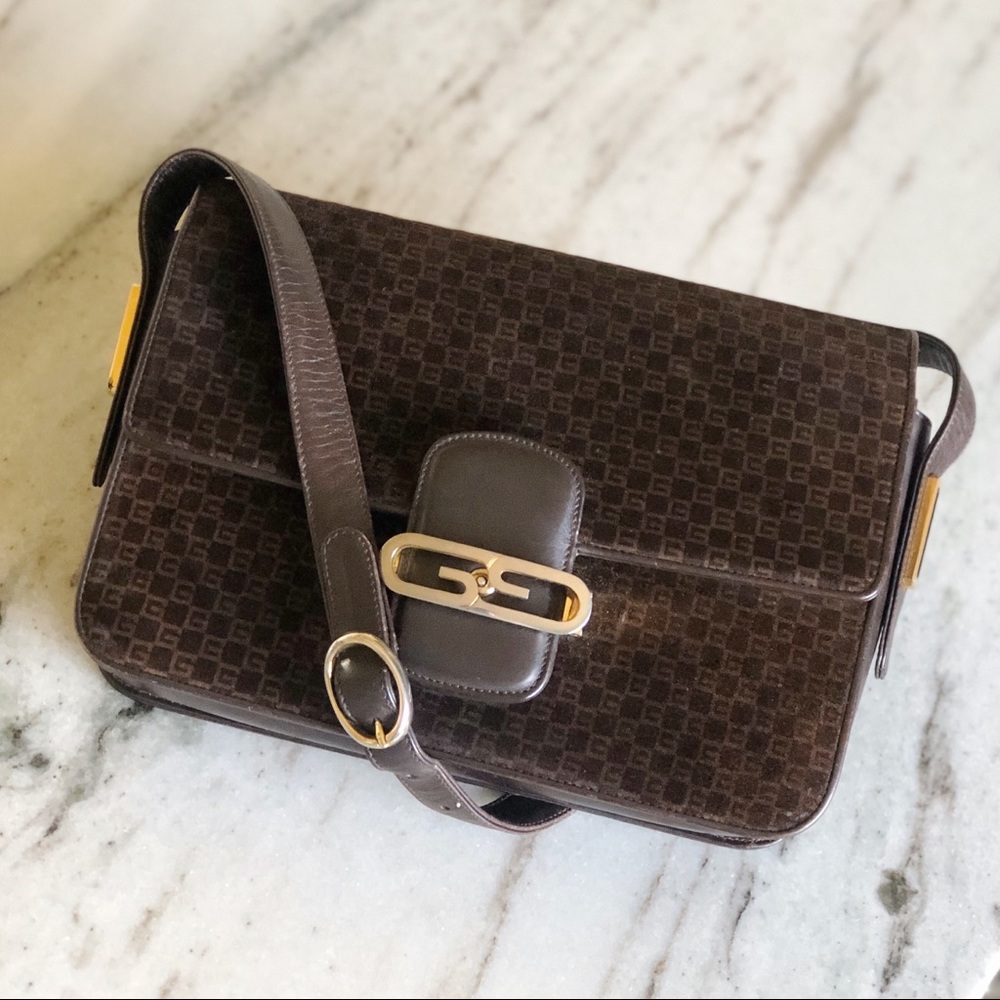 Gucci 1970s RARE Vintage GG Leather Suede Monogram East West Shoulder Bag - Picture 1 of 8